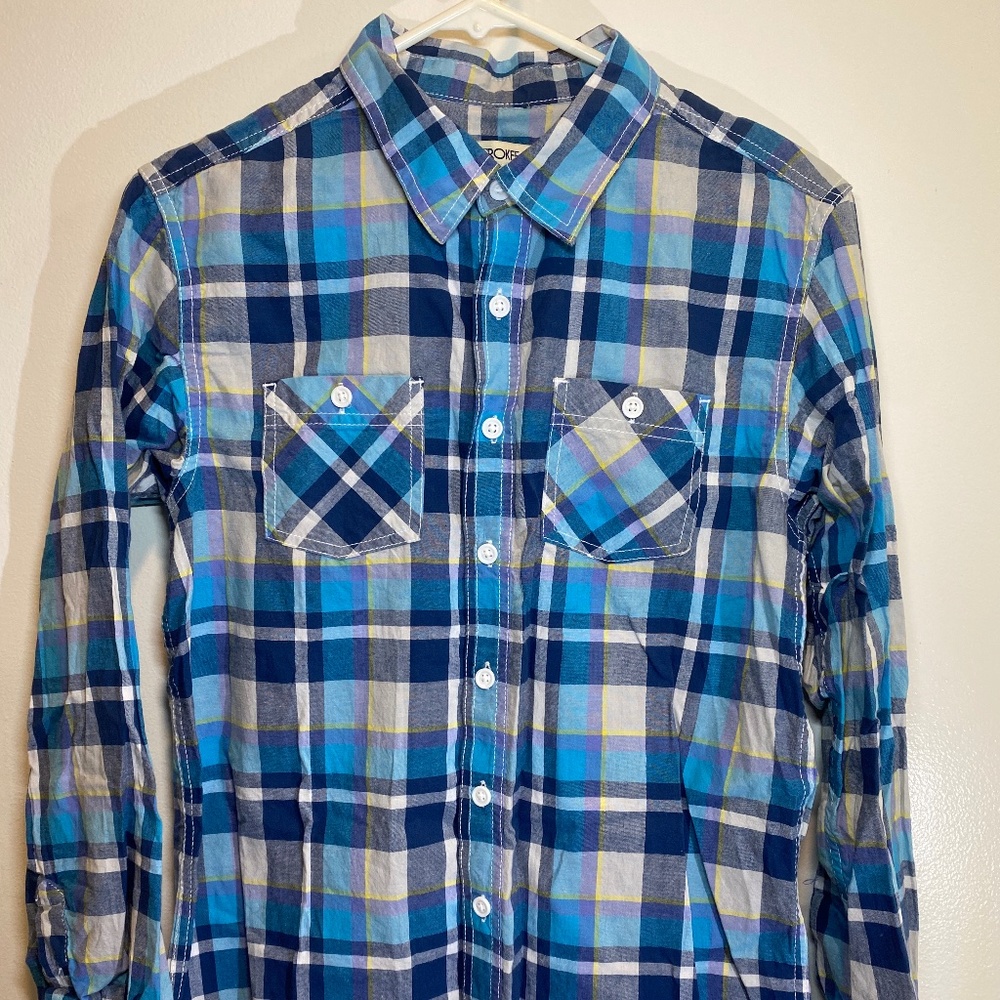 Cherokee- Boys Plaid Button Down Shirt, Blue, Size XL, NWOT
